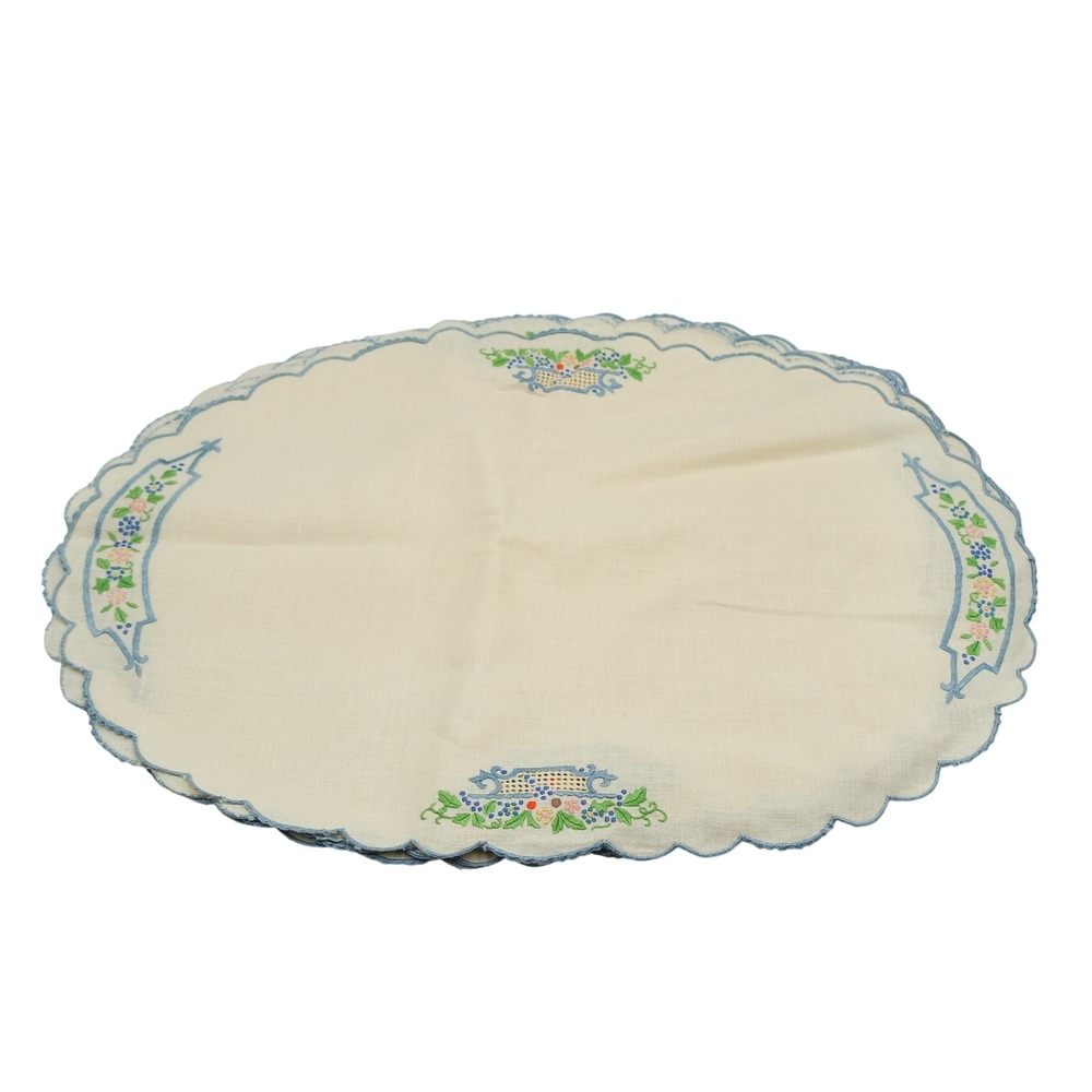 Vintage Linen Placemats Set of 8 Embroidered Floral Cottage Grandma